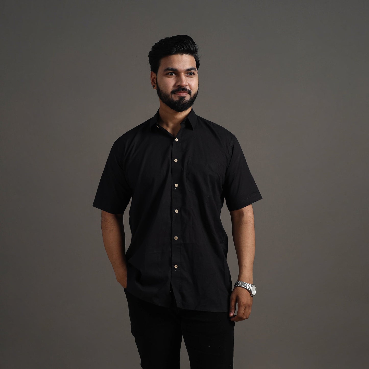  Black Plain Cotton Men Half Sleeve Shirt