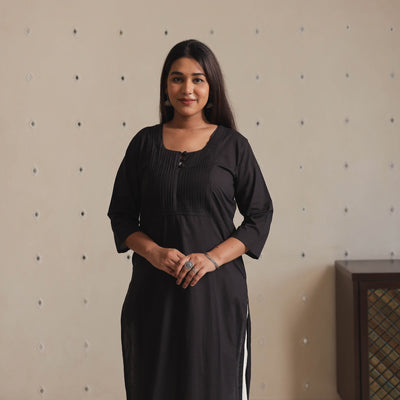  Plain Cotton Pintuck Long Straight Kurta for Women