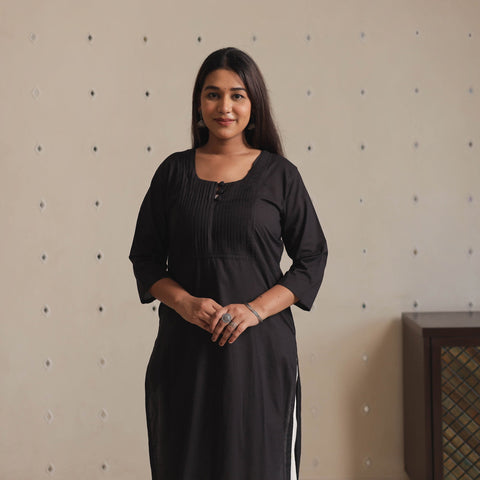  Plain Cotton Pintuck Long Straight Kurta for Women