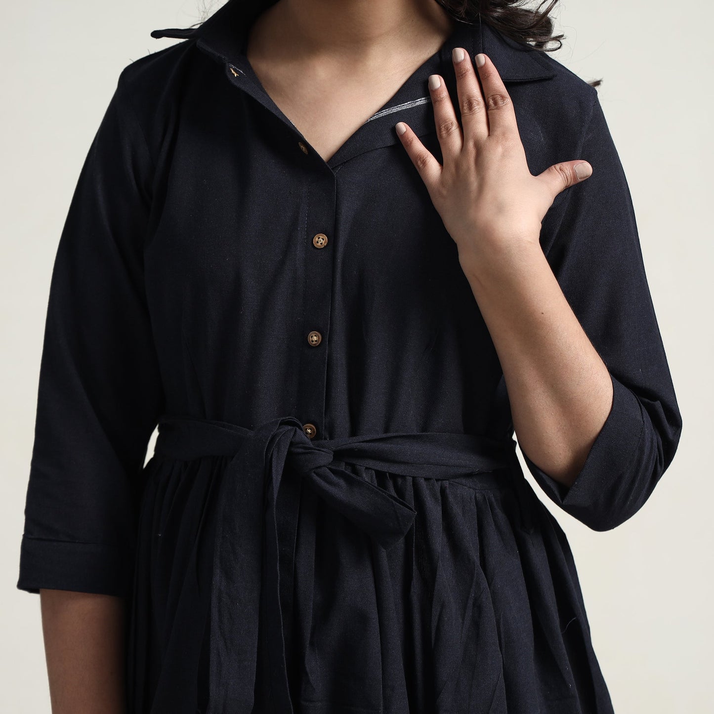  Plain Handloom Cotton Collared Neck Flare Dress 