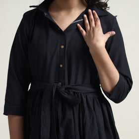  Plain Handloom Cotton Collared Neck Flare Dress 