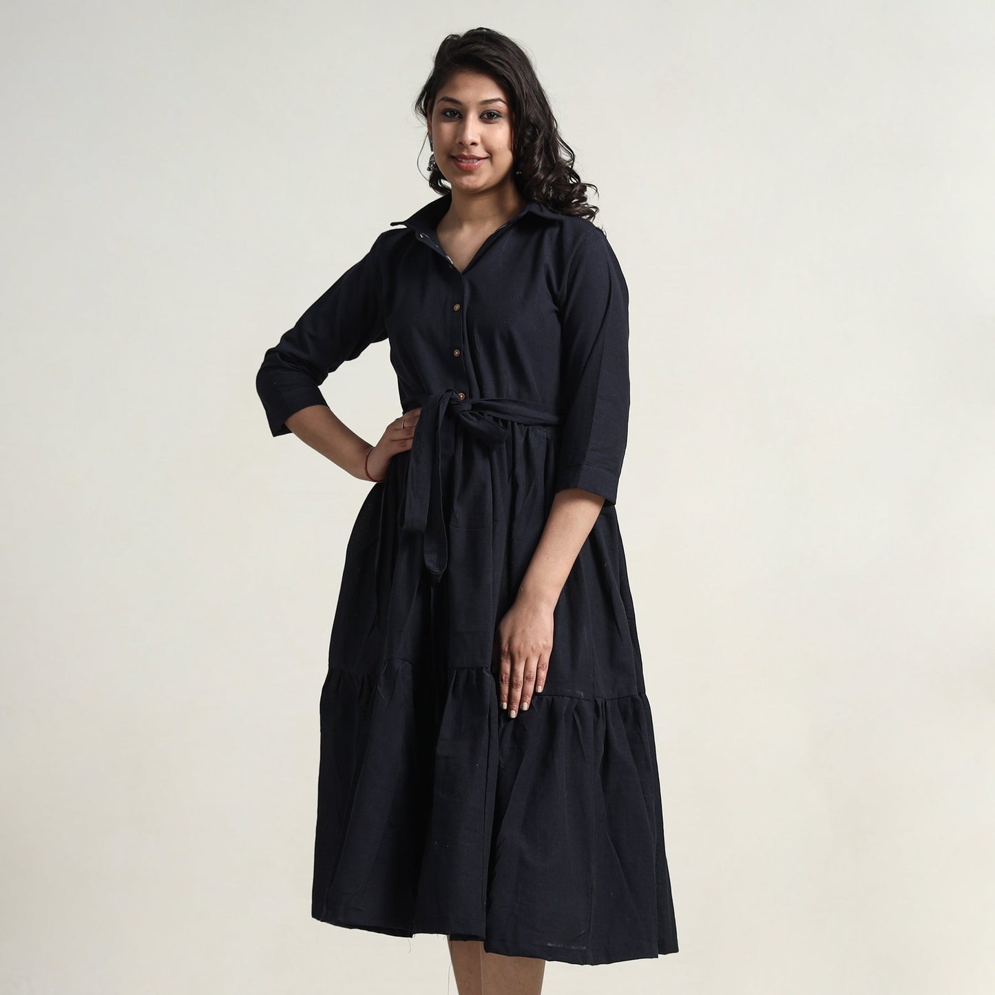  Plain Handloom Cotton Collared Neck Flare Dress 