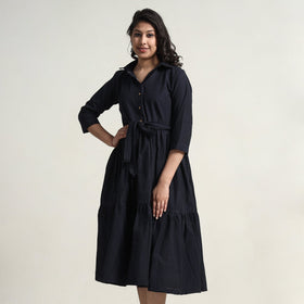  Plain Handloom Cotton Collared Neck Flare Dress 