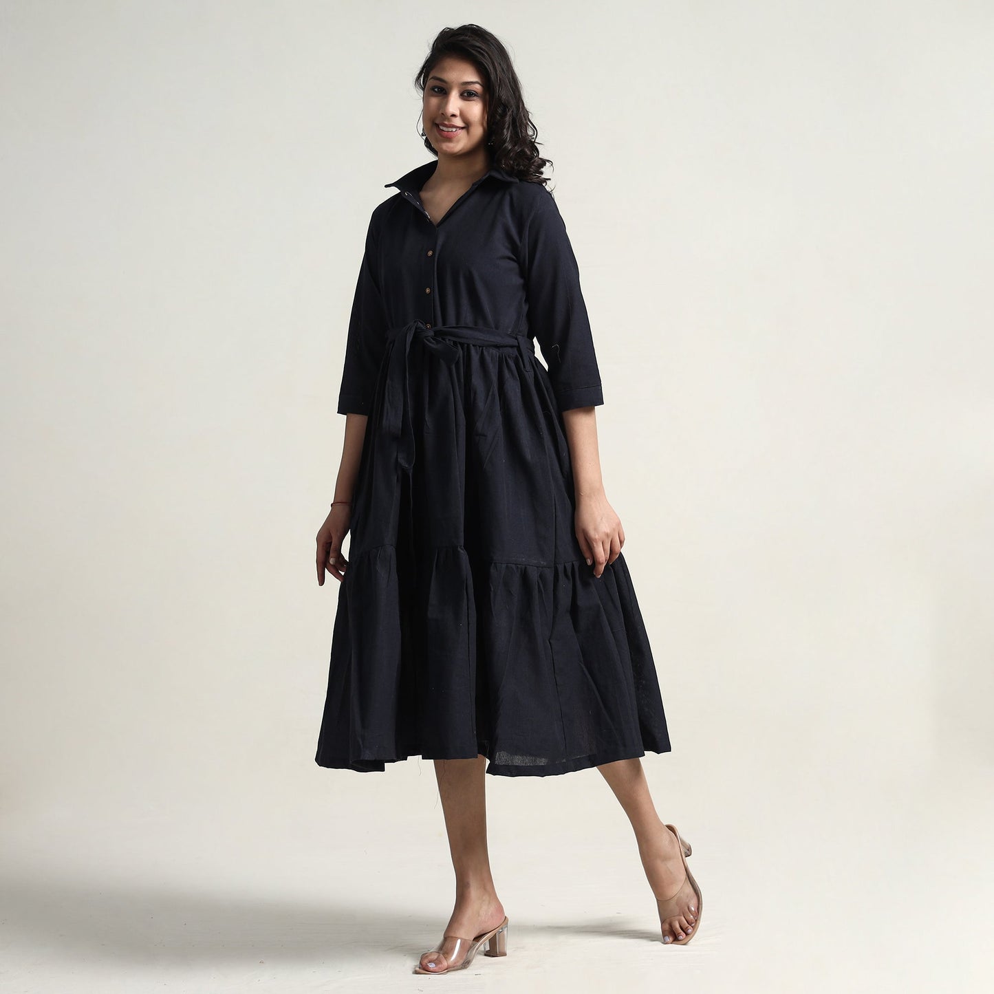  Plain Handloom Cotton Collared Neck Flare Dress 