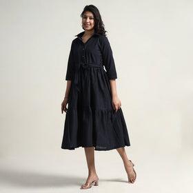  Plain Handloom Cotton Collared Neck Flare Dress 