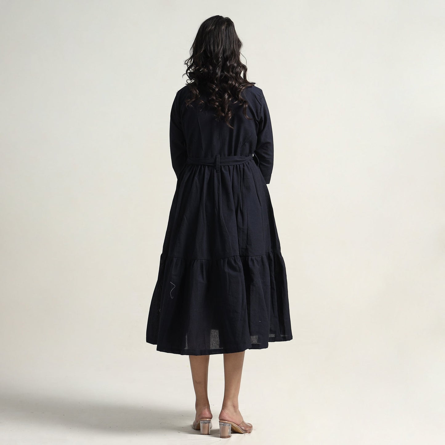  Plain Handloom Cotton Collared Neck Flare Dress 