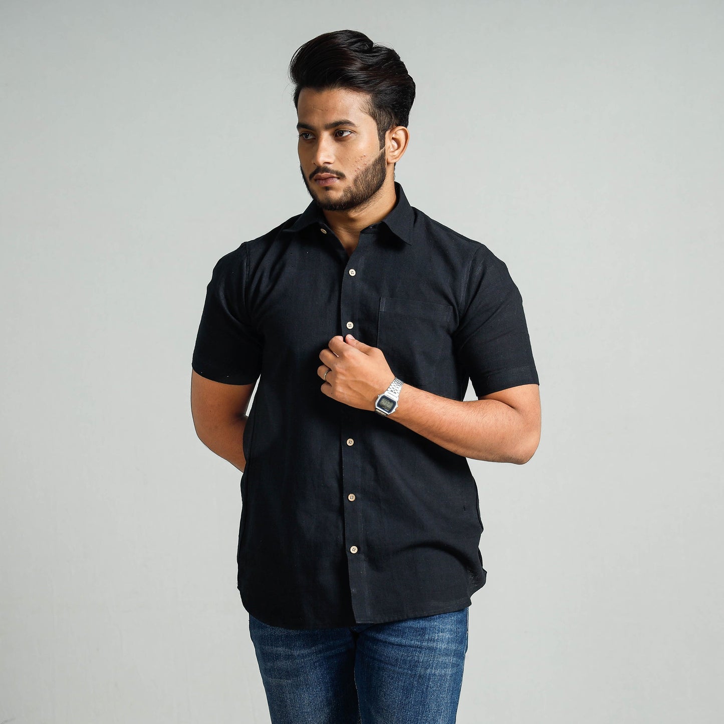  Plain Handloom Cotton Men Half Sleeve Shirt