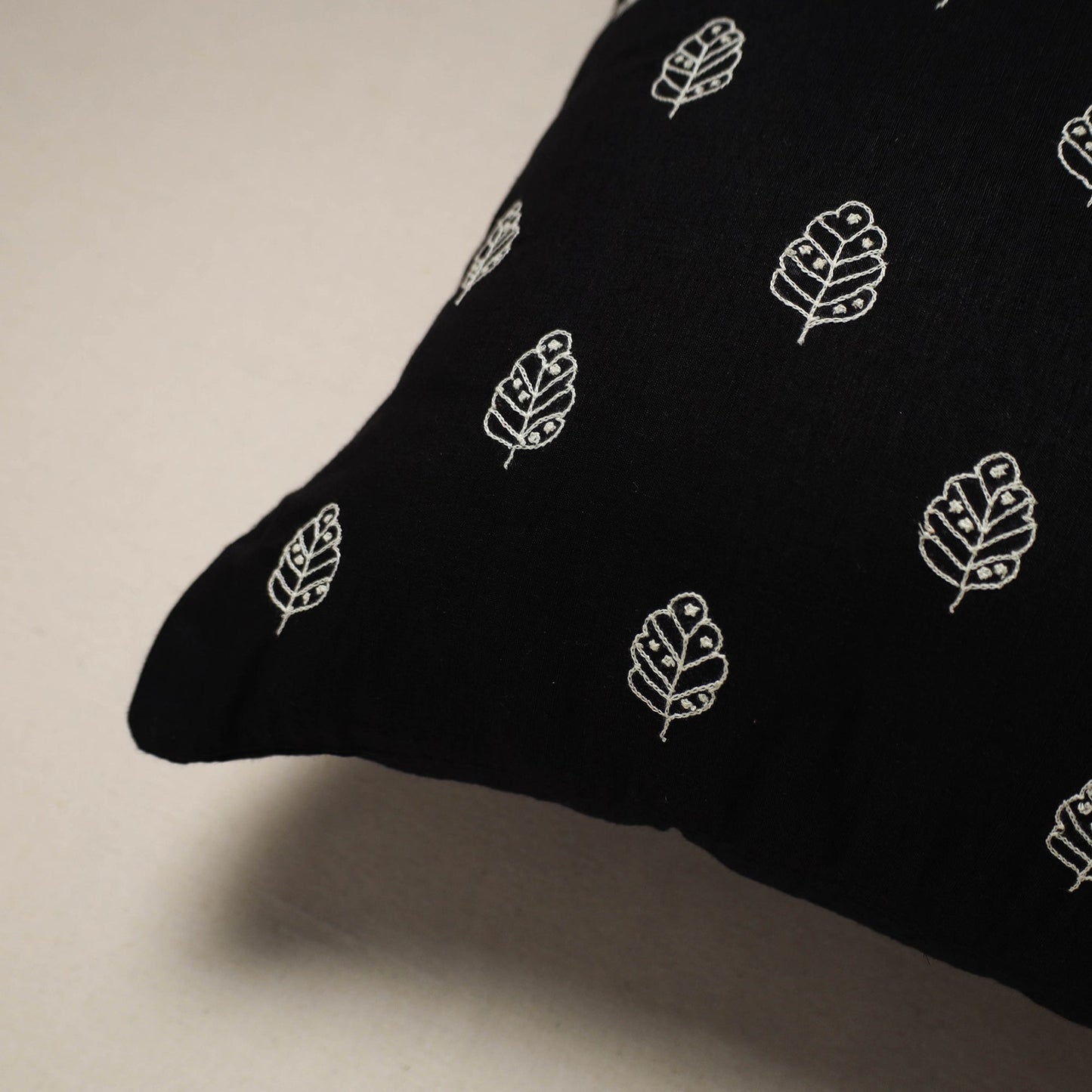 Black - plain slub silk hand embroidered cushion cover 02