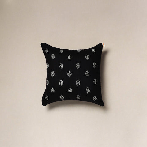 Black - plain slub silk hand embroidered cushion cover 02
