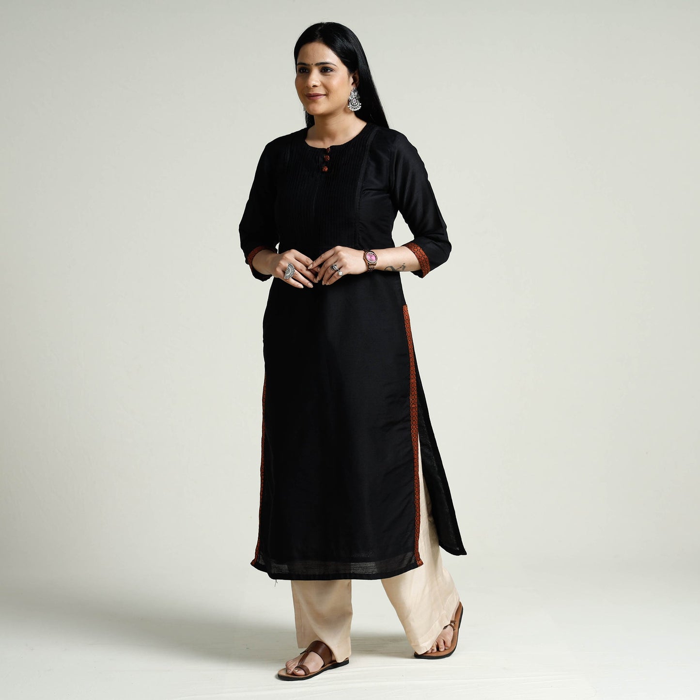  Plain Silk Pintuck Long Kurta for Women