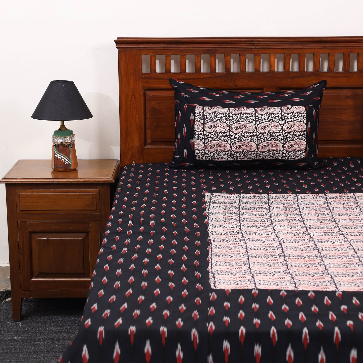 Black - pochampally ikat with bagh patch cotton bedsheet