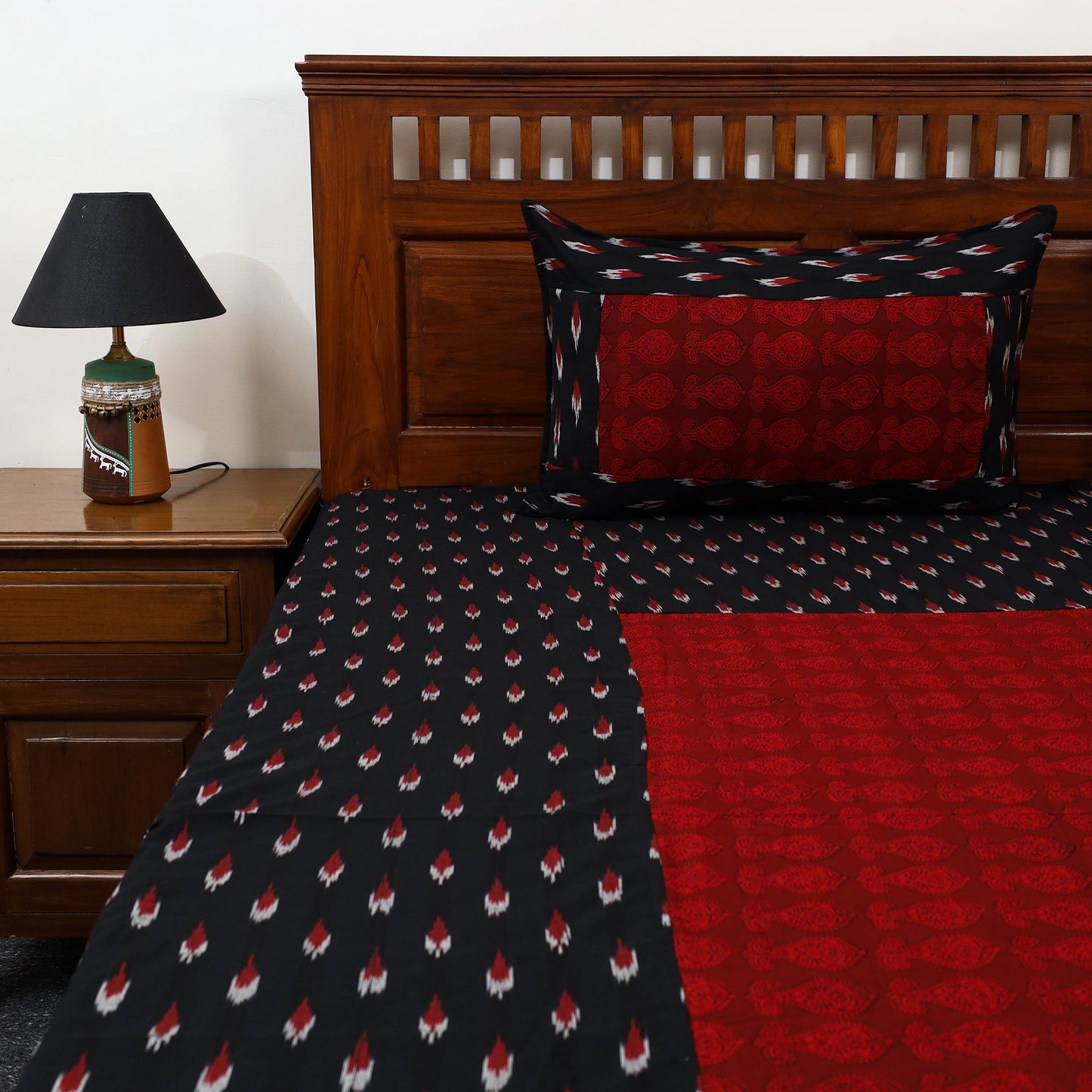 Black Pochampally Ikat with Bagh Patch Cotton Bedsheet Set