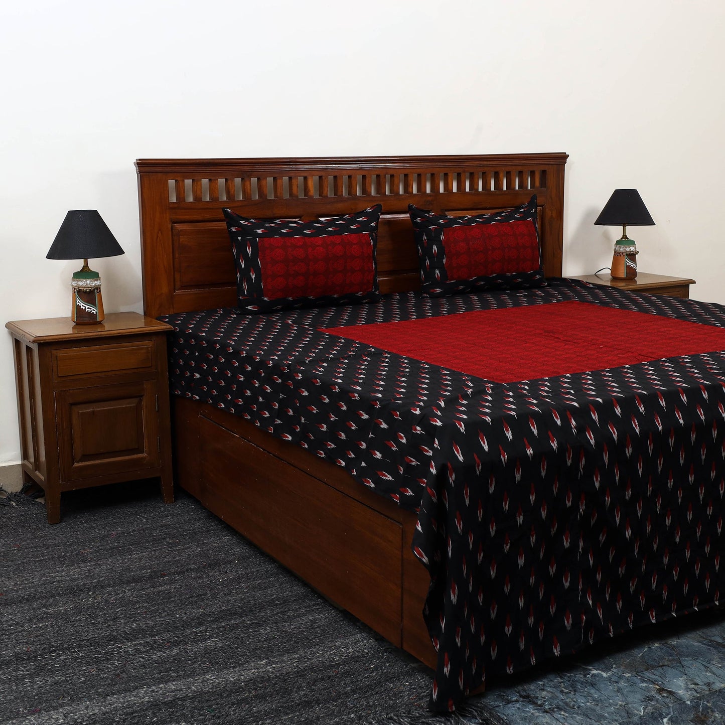 Black Pochampally Ikat with Bagh Patch Cotton Bedsheet Set