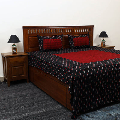 Black Pochampally Ikat with Bagh Patch Cotton Bedsheet Set