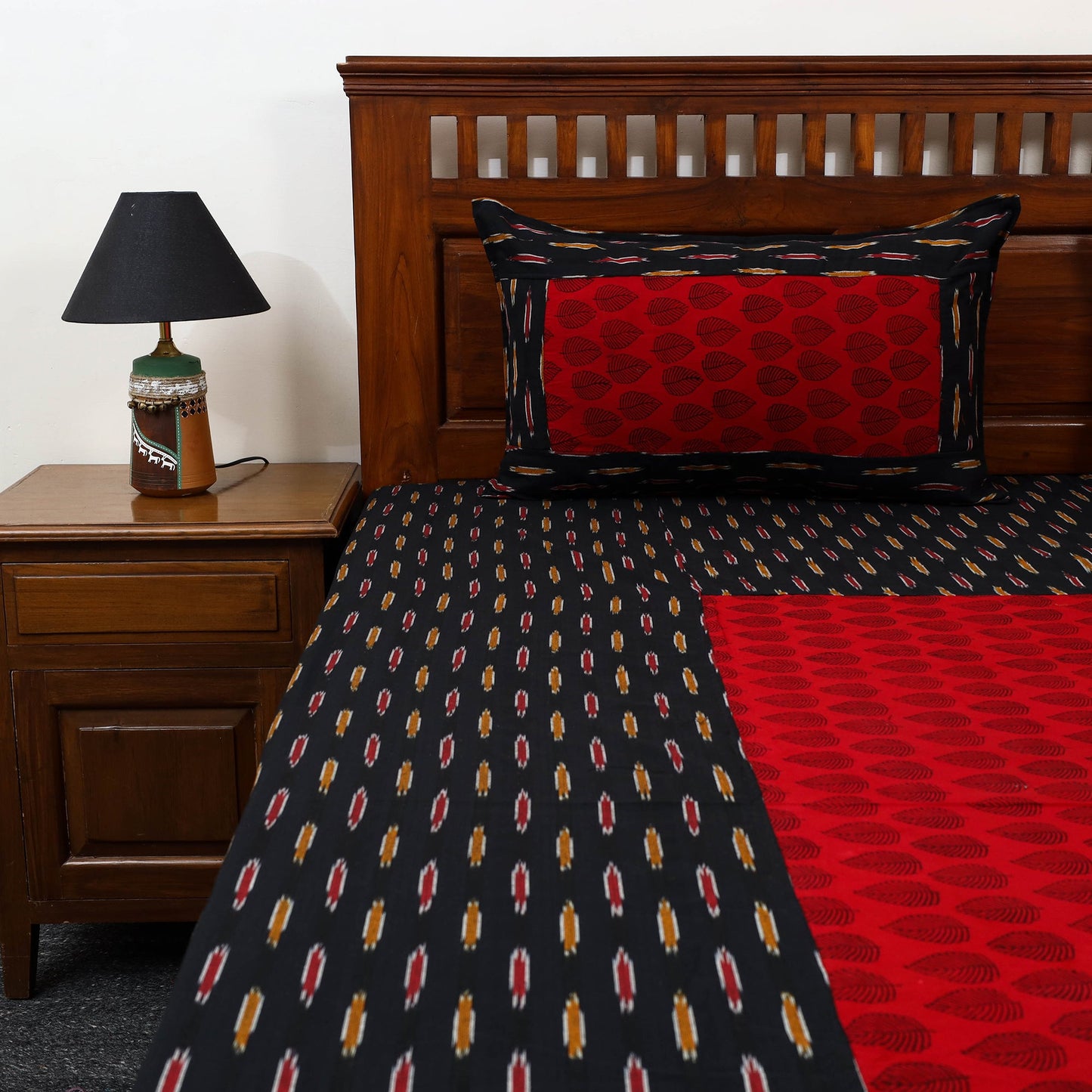 Black - pochampally ikat with bagh patch cotton bedsheet