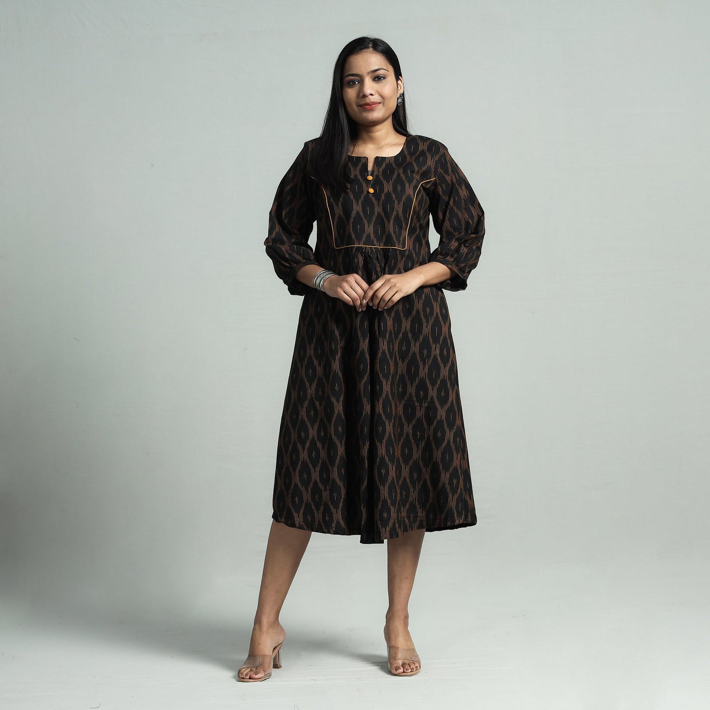 Black - pochampally ikat cotton flared dress - handcrafted