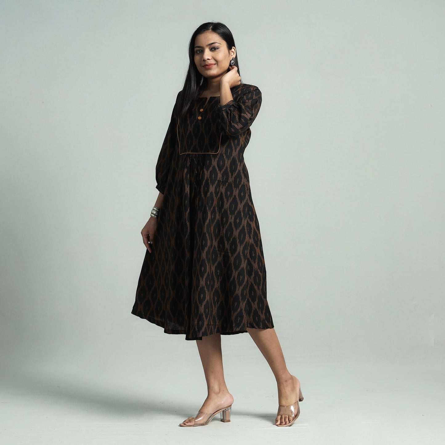 Black - pochampally ikat cotton flared dress - handcrafted