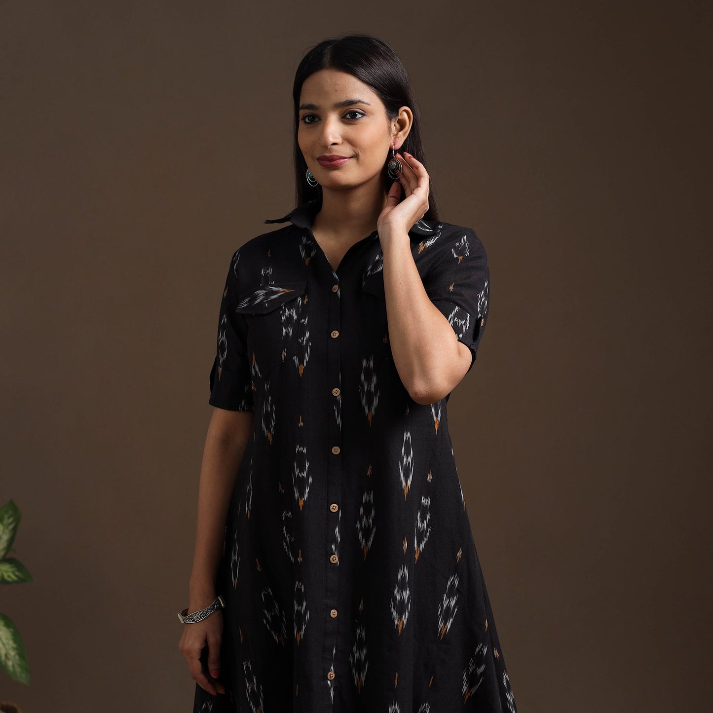 Black - pochampally ikat cotton shirt midi dress 05