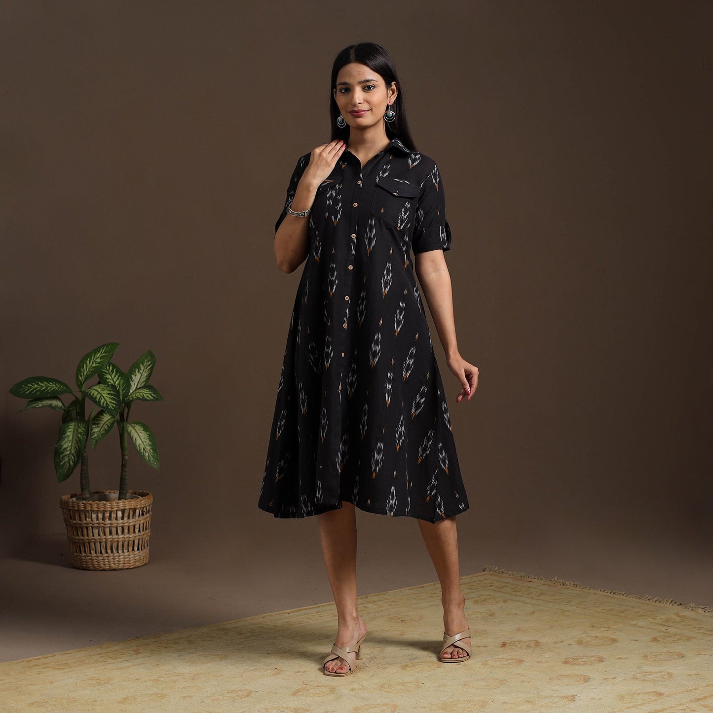 Black - pochampally ikat cotton shirt midi dress 05