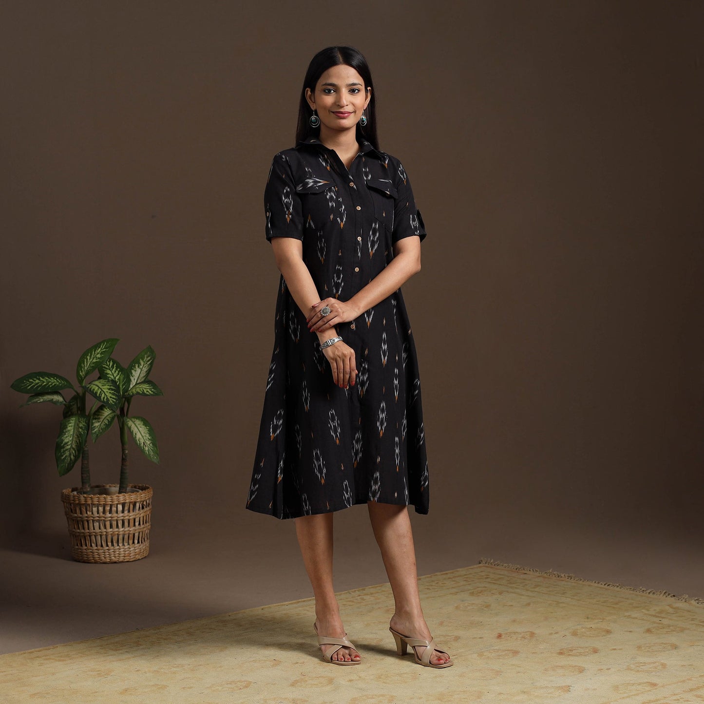 Black - pochampally ikat cotton shirt midi dress 05