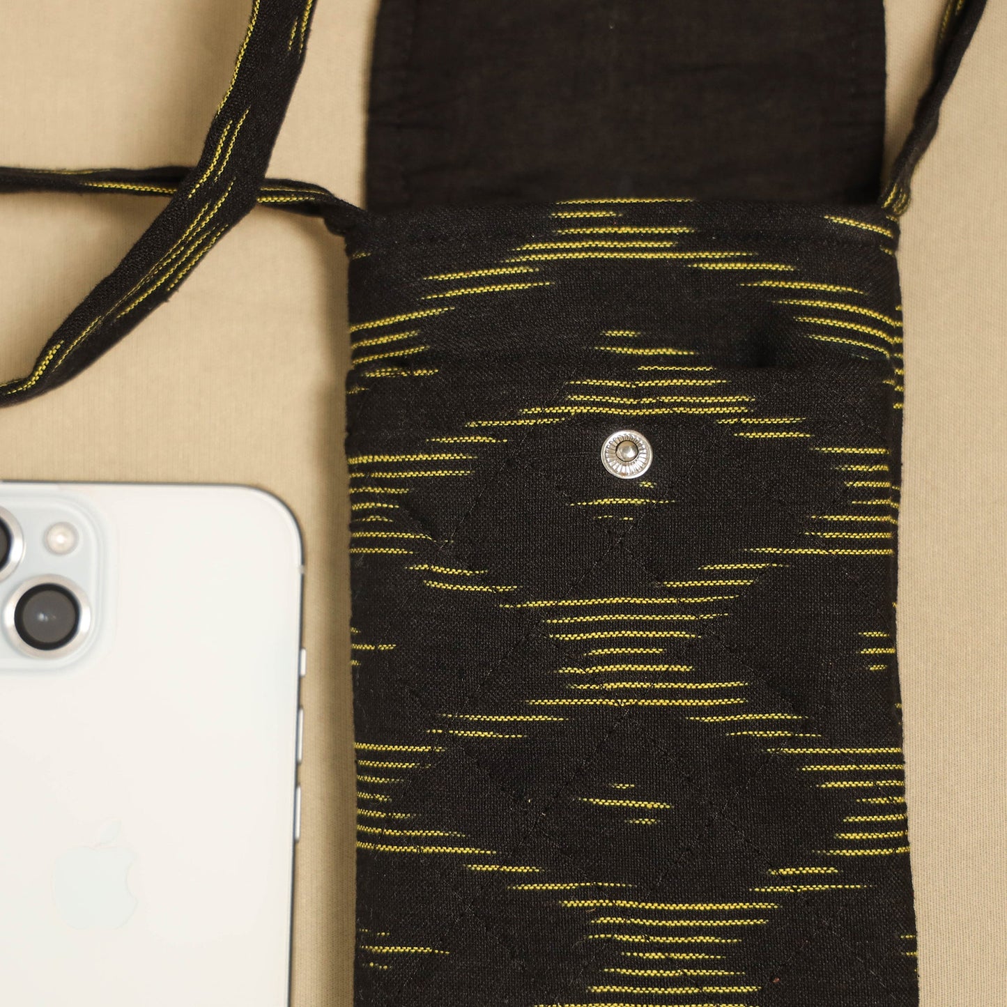 Black Pochampally Ikat Cotton Sling Mobile Pouch
