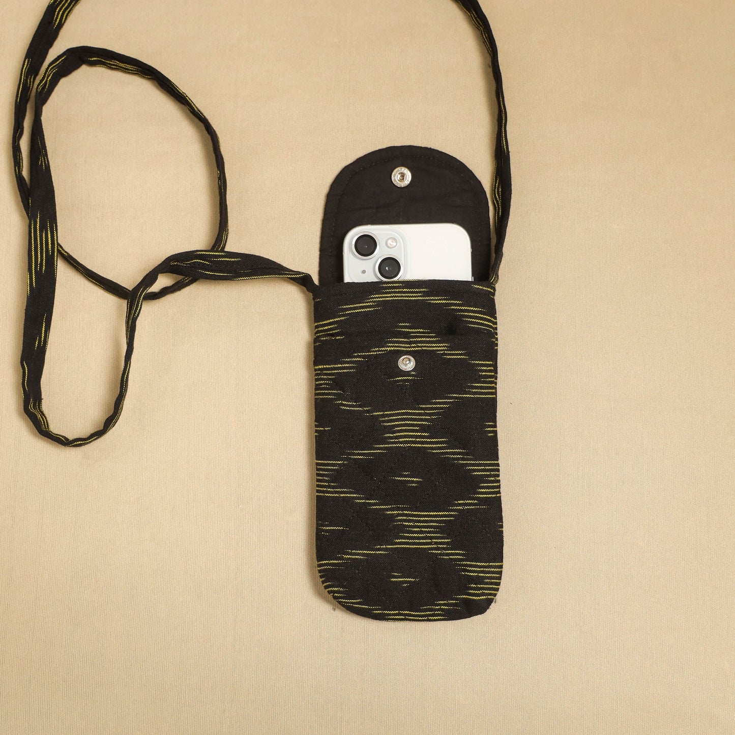 Black Pochampally Ikat Cotton Sling Mobile Pouch