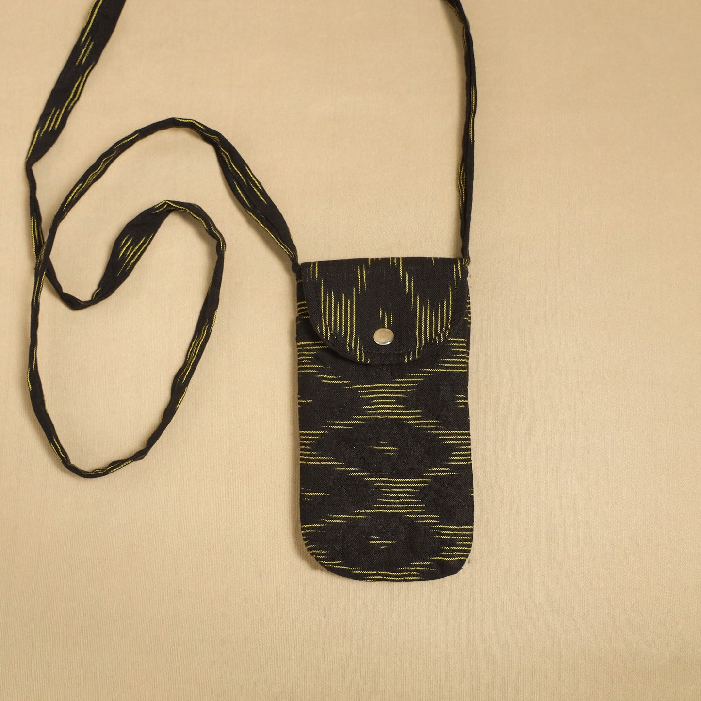 Black Pochampally Ikat Cotton Sling Mobile Pouch