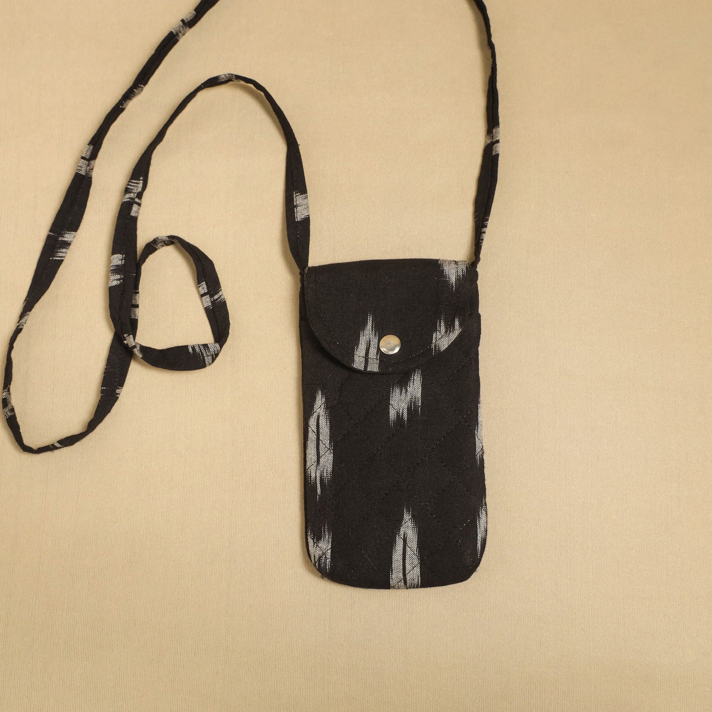 Black Pochampally Ikat Cotton Sling Mobile Pouch