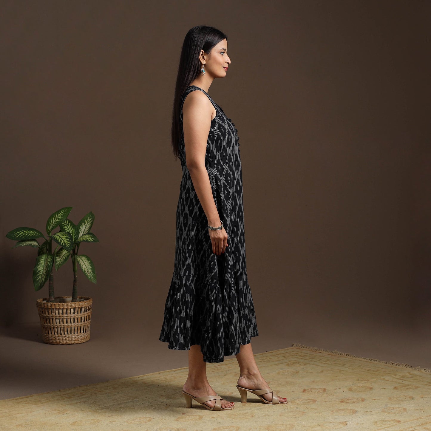 Black Pochampally Ikat Cotton Tiered Dress for Women