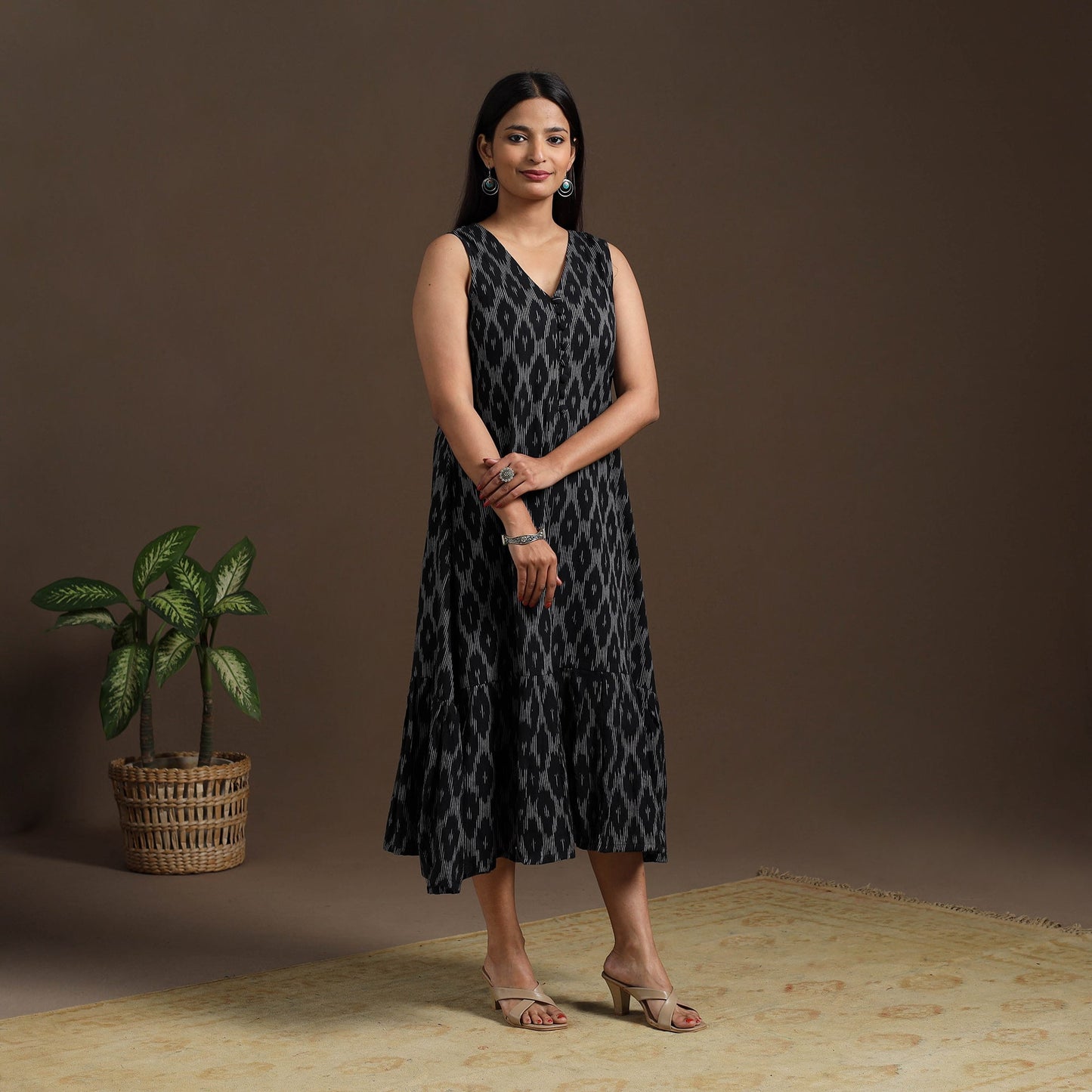 Black Pochampally Ikat Cotton Tiered Dress for Women