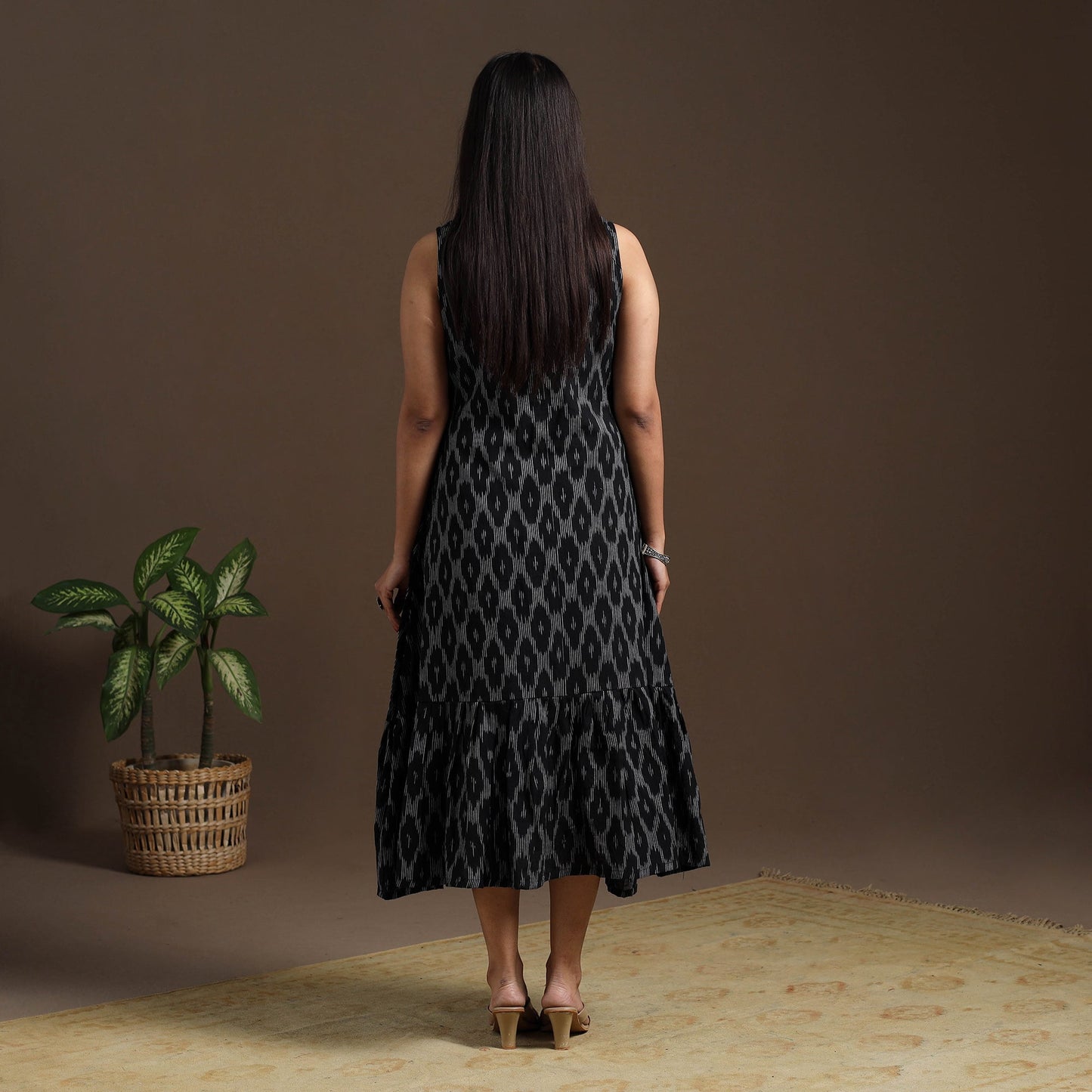 Black Pochampally Ikat Cotton Tiered Dress for Women