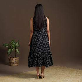 Black Pochampally Ikat Cotton Tiered Dress for Women