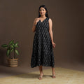 Black Pochampally Ikat Cotton Tiered Dress for Women