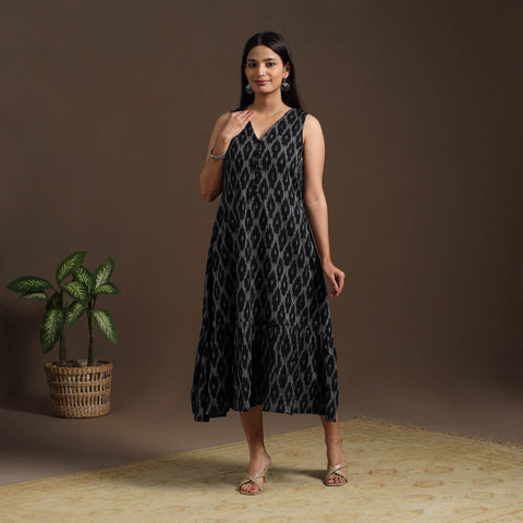 Black Pochampally Ikat Cotton Tiered Dress for Women