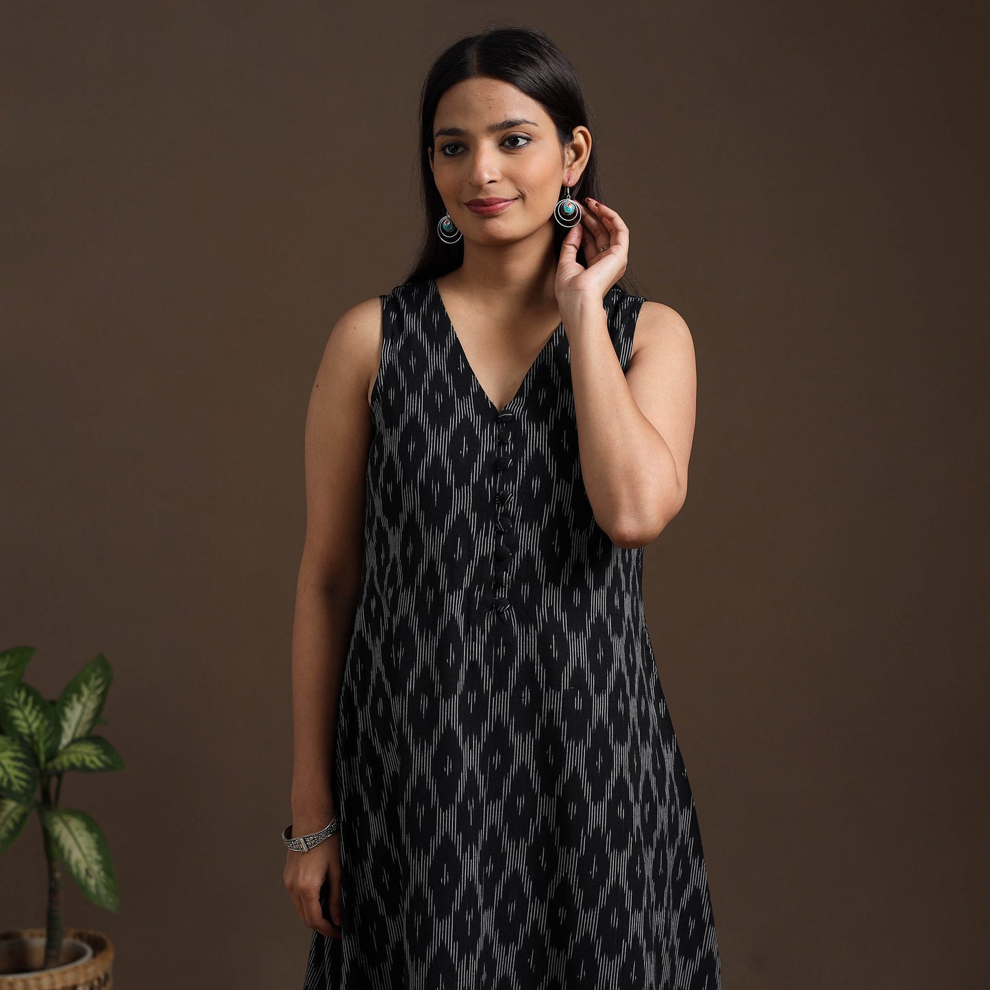 Black Pochampally Ikat Cotton Tiered Dress for Women