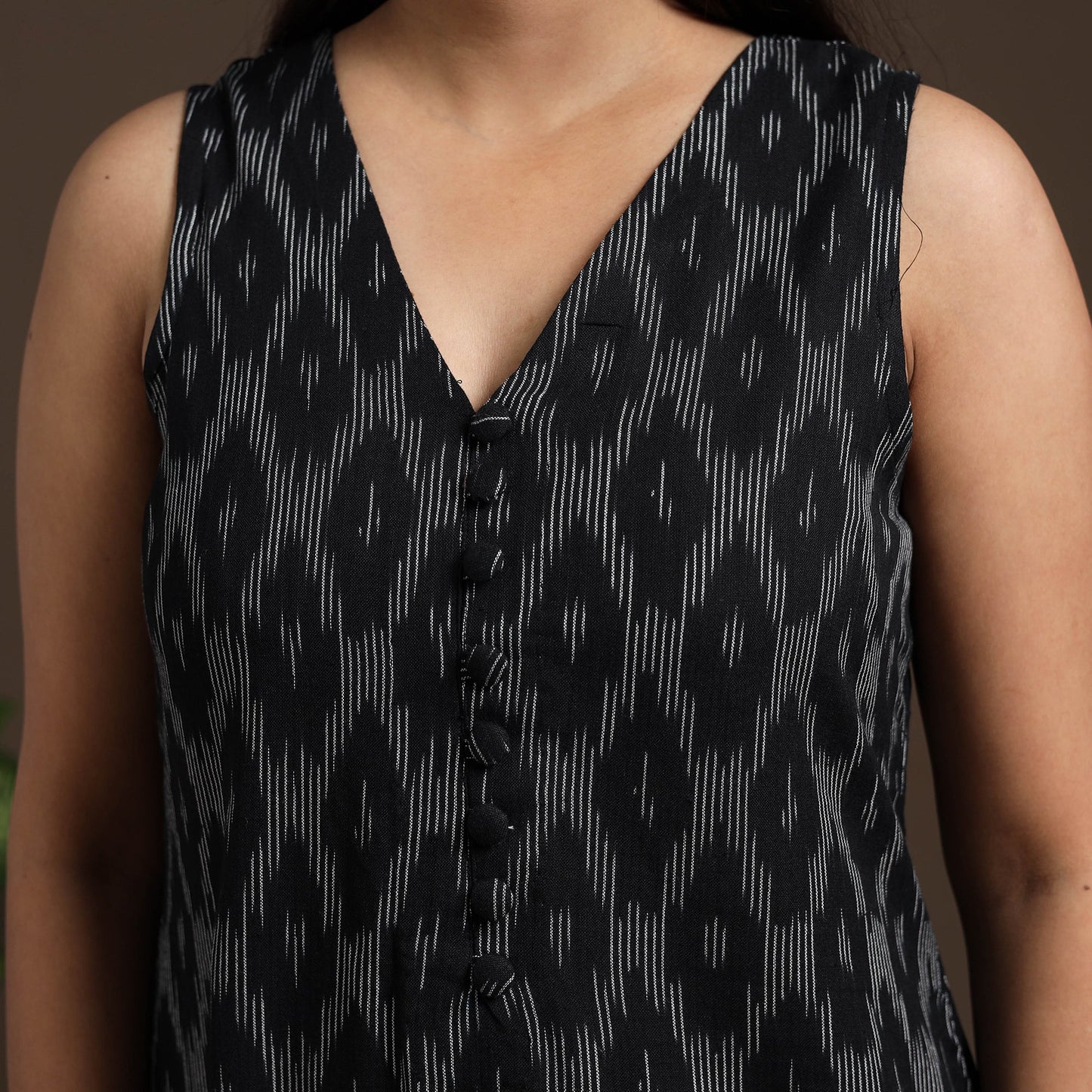 Black Pochampally Ikat Cotton Tiered Dress for Women