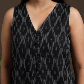 Black Pochampally Ikat Cotton Tiered Dress for Women