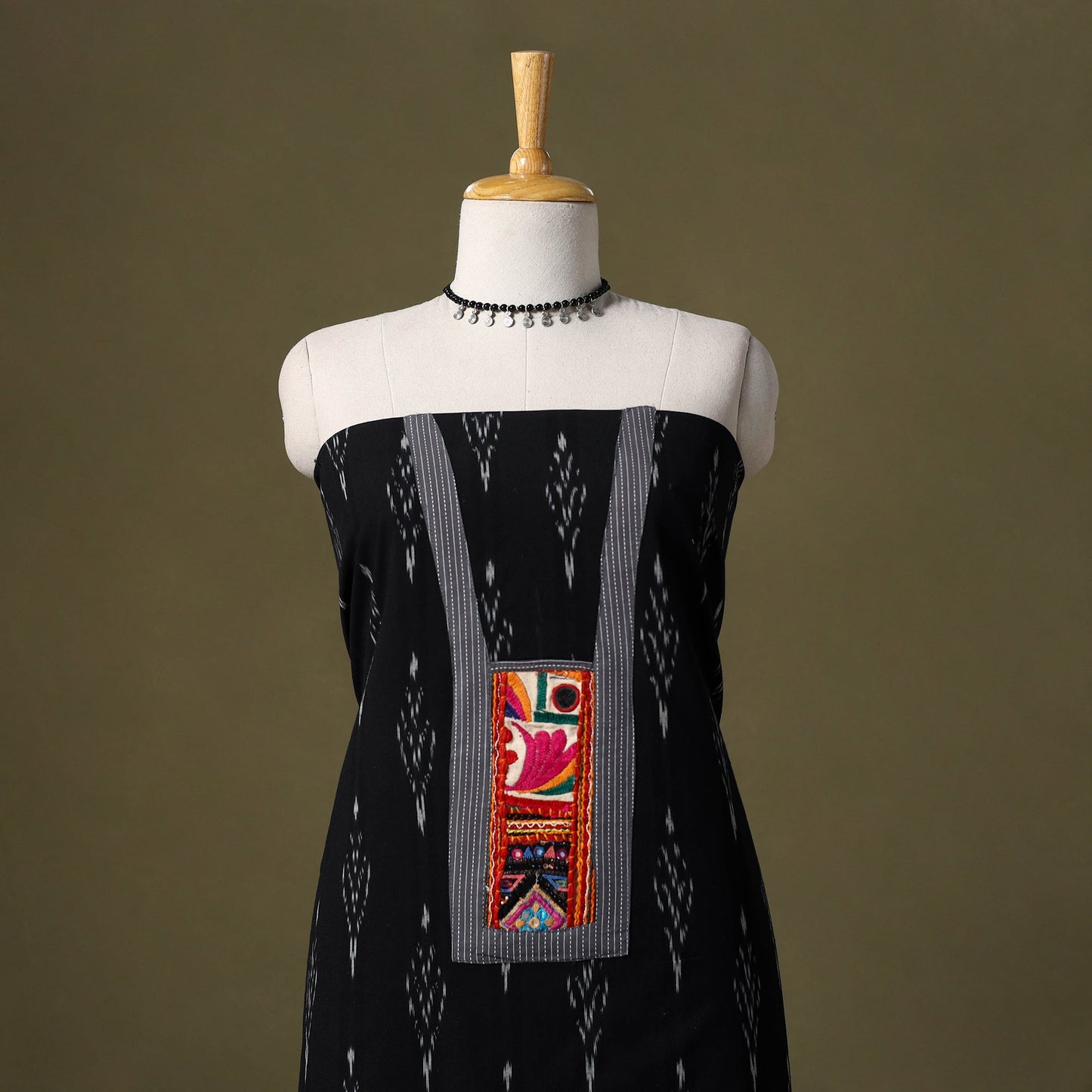 Black Pochampally Ikat Cotton Unstitched Kurta Material
