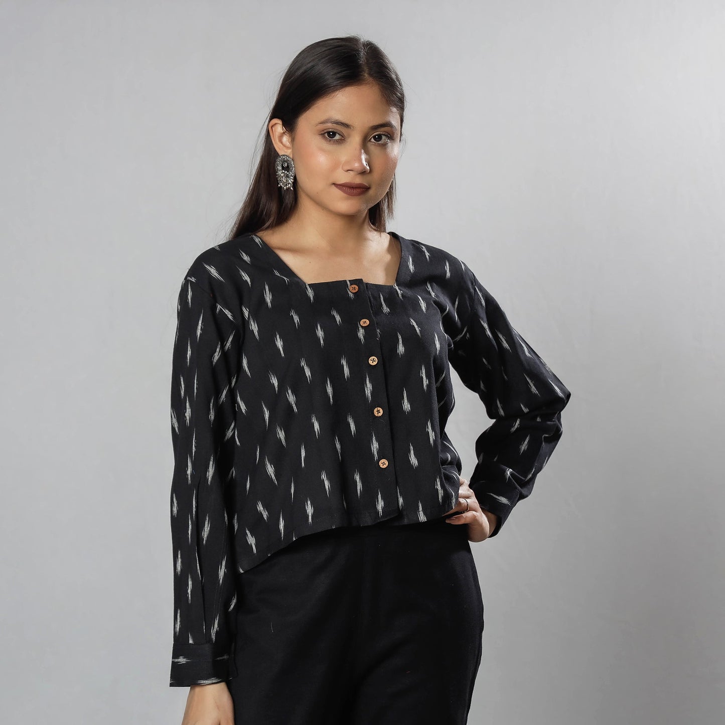Black - pochampally ikat full sleeve cotton crop top
