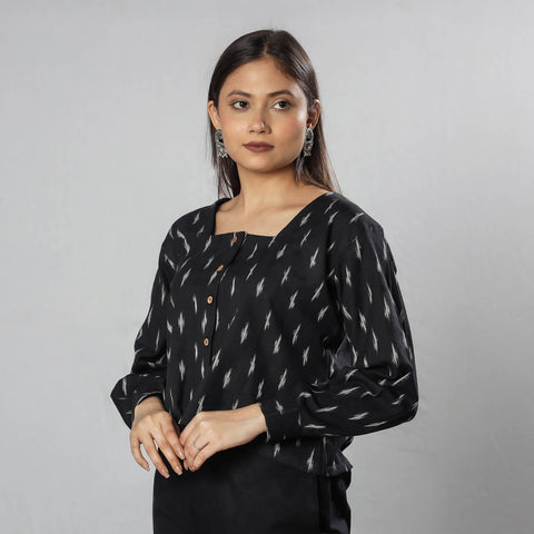 Black - pochampally ikat full sleeve cotton crop top