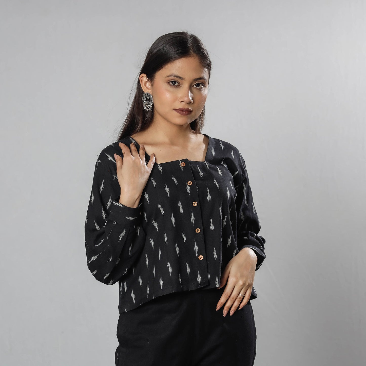 Black - pochampally ikat full sleeve cotton crop top