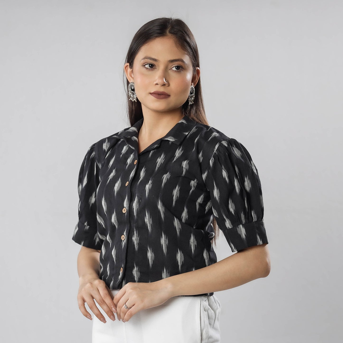 Black - pochampally ikat half sleeve cotton crop top