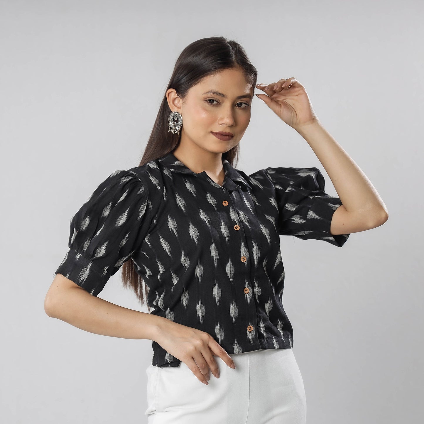 Black - pochampally ikat half sleeve cotton crop top