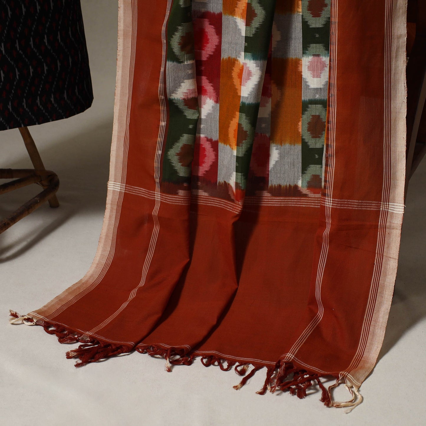 Black Pochampally Ikat Handloom Dress Material with Jewellery Set