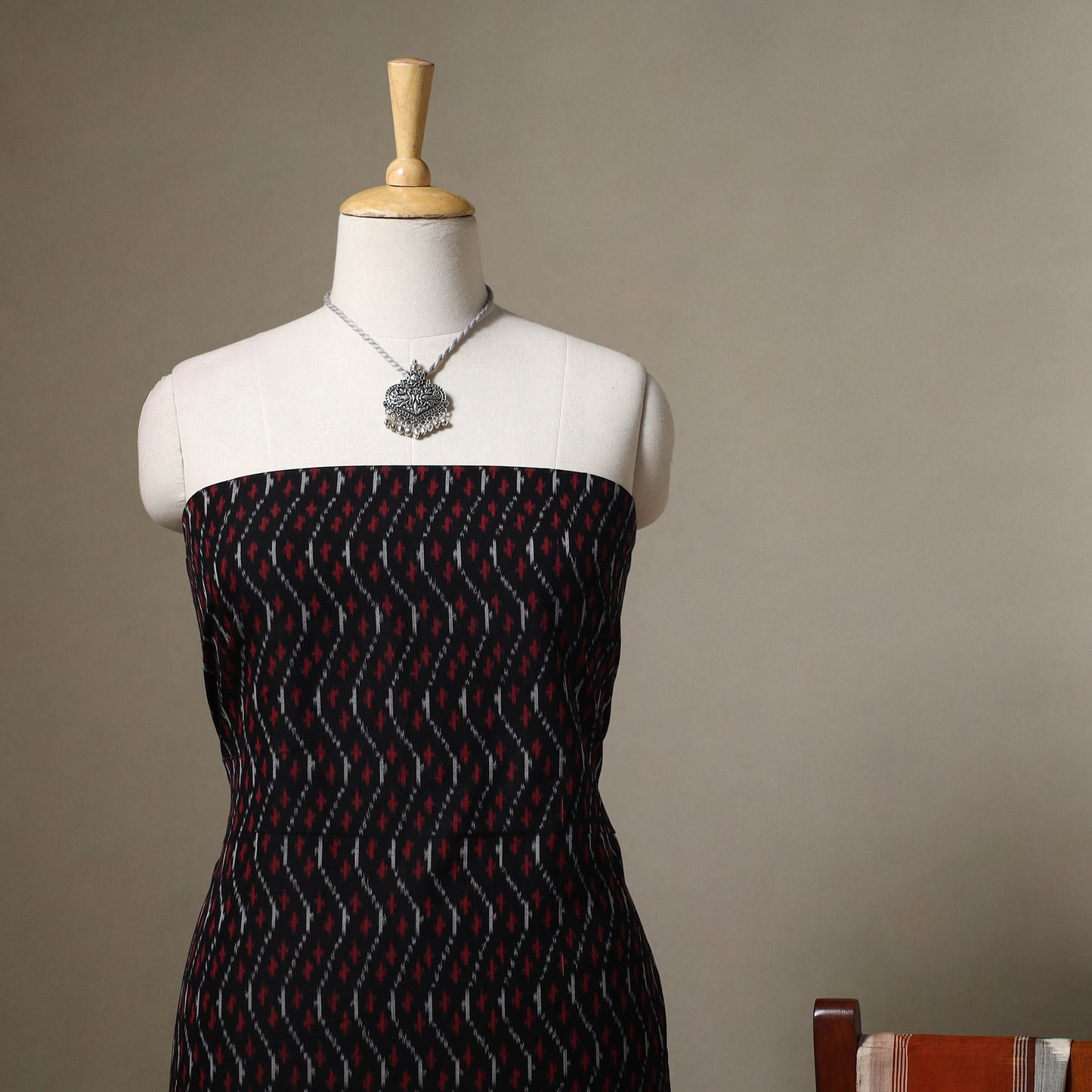 Black Pochampally Ikat Handloom Dress Material with Jewellery Set