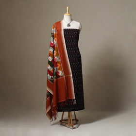 Black Pochampally Ikat Handloom Dress Material with Jewellery Set