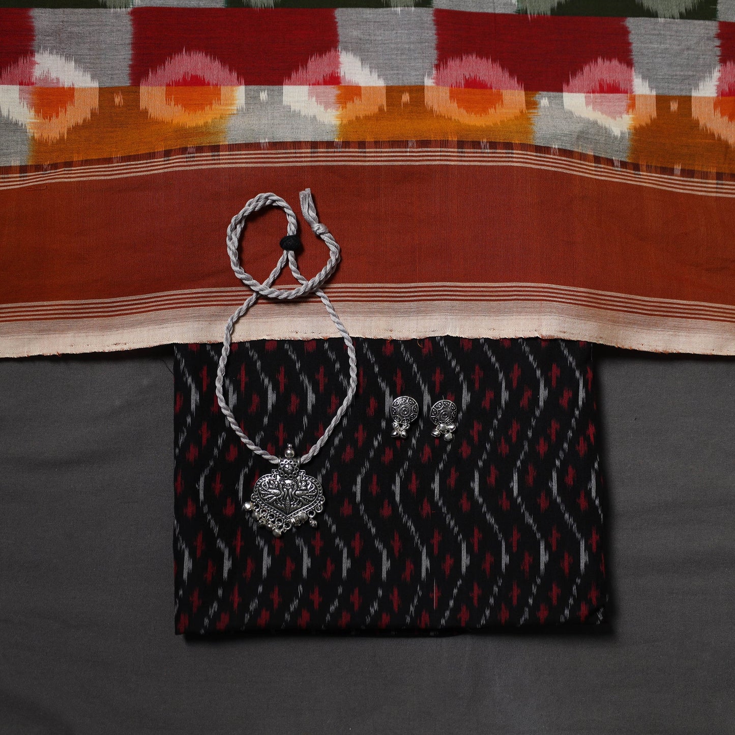 Black Pochampally Ikat Handloom Dress Material with Jewellery Set
