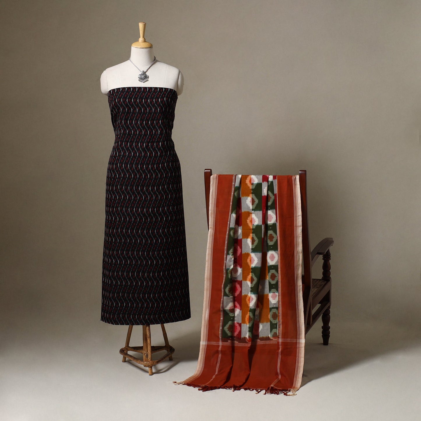Black Pochampally Ikat Handloom Dress Material with Jewellery Set