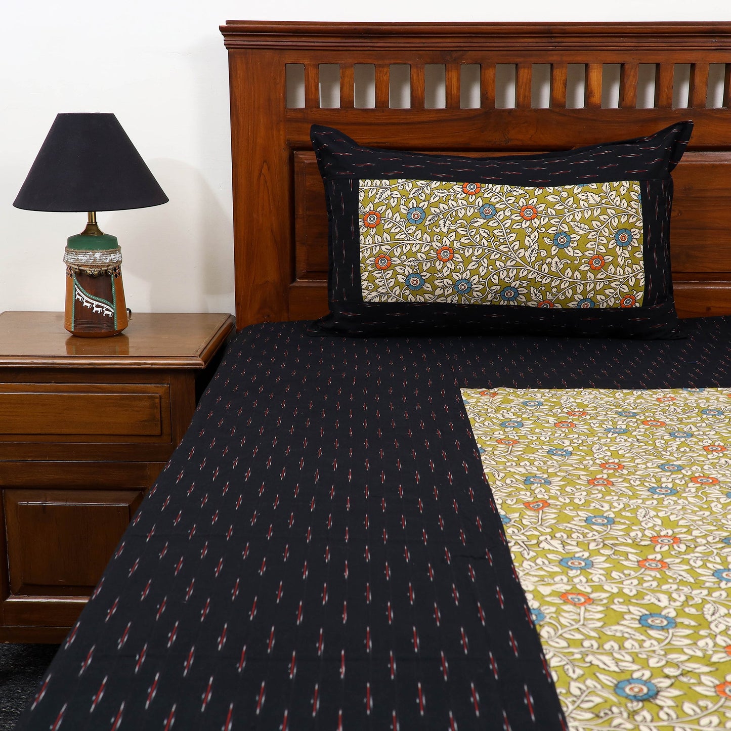 Black - pochampally ikat with kalamkari patch cotton