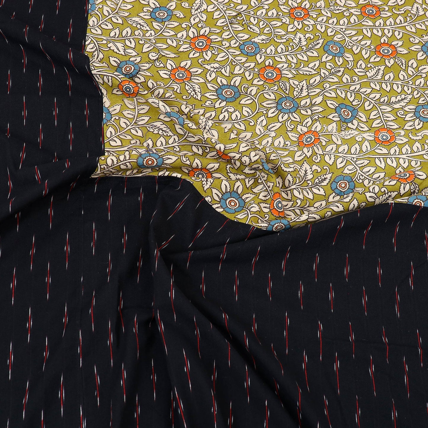 Black - pochampally ikat with kalamkari patch cotton